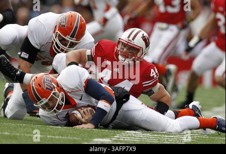 22 settembre 2012 - Madison, WISCONSIN, Stati Uniti - Chris Borland (44) del Wisconsin sack il quarterback della University of Texas-El Paso Nick Lamaison al Camp Randall Stadium di Madison, Wisconsin, sabato 22 settembre 2012. Wisconsin sconfisse UTEP, 37-26. (Immagine di credito: © Rick Wood/MCT/ZUMAPRESS.com) Foto Stock