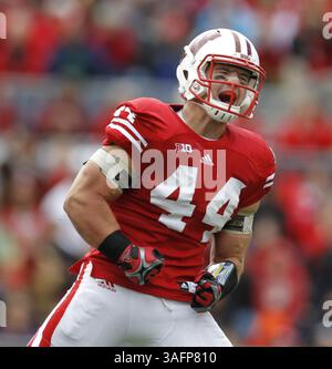 22 settembre 2012 - Madison, WISCONSIN, USA - Chris Borland del Wisconsin celebra dopo aver svincolato il quarterback della University of Texas-El Paso Nick Lamaison al Camp Randall Stadium di Madison, Wisconsin, sabato 22 settembre 2012. Wisconsin sconfisse UTEP, 37-26. (Immagine di credito: © Rick Wood/MCT/ZUMAPRESS.com) Foto Stock