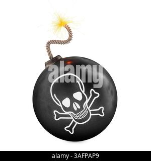 Bomba rotonda nera con ossa e cranio. Rendering 3D isolato su sfondo bianco Foto Stock