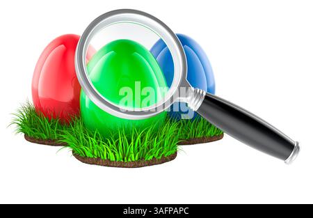 Caccia all'uovo, concetto. Uova di Pasqua con loupe. Rendering 3D isolato su sfondo bianco Foto Stock