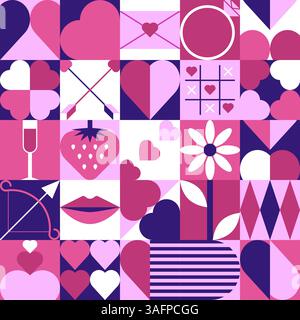 Motivo geometrico senza cuciture con cuori, frecce, fiori e simboli romantici. San Valentino Illustrazione Vettoriale