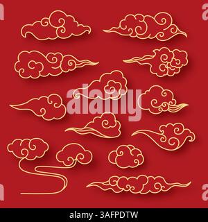 Motivi di nuvole d'oro in stile tradizionale cinese o giapponese su sfondo rosso. Elementi decorativi asiatici Illustrazione Vettoriale