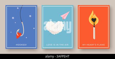 Tre carte di San Valentino con un cuore agganciato, una nuvola a forma di cuore e una fiamma d'amore fiammifero Illustrazione Vettoriale