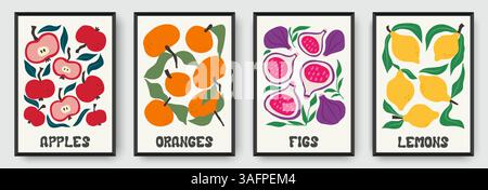 Set di quattro moderni poster sulla frutta con mele, arance, fichi e limoni in stile astratto. Stampe botaniche minimaliste Illustrazione Vettoriale