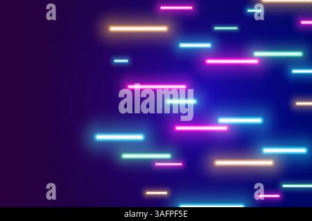 Linee al neon brillanti in tonalità blu, rosa e arancione su sfondo scuro. Striature di luce di movimento astratte Illustrazione Vettoriale