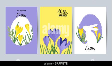Set di biglietti di auguri di buona Pasqua. Manifesti vettoriali per le vacanze con fiori di primavera acquerelli, uova e coniglio Illustrazione Vettoriale