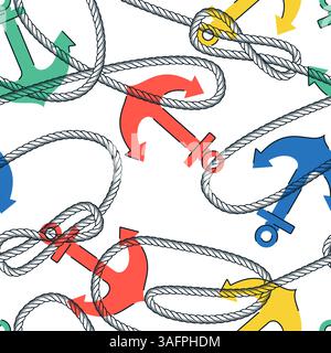 Ancoraggi trasparenti multicolore nautici e motivo senza cuciture in corda. Illustrazione dello schizzo disegnata a mano vettoriale su sfondo bianco. Somme in stile yacht marino Illustrazione Vettoriale