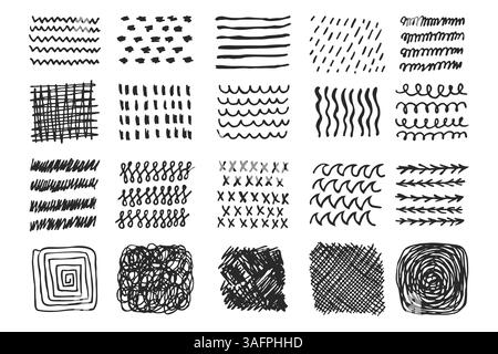 Raccolta di disegni astratti a forma di scarabocchio disegnati a mano con varie forme e linee. Strikethrough, linee di enfasi scarabocchiate, portelli pazzi, ovali e cros Illustrazione Vettoriale