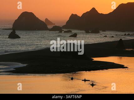 VIAGGIO NELLA CALIFORNIA SETTENTRIONALE LUNGO L'AUTOSTRADA 7/17/2006 4. I kayak pagaiano vicino alla foce del fiume Russian mentre il sole tramonta sull'Oceano Pacifico vicino al villaggio di Jenner nella contea di Sonoma, California. IL TIMES FOTOGRAFA SCOTT KEELER. (Immagine di credito: St Petersburg Times/ZUMAPRESS.com) Foto Stock