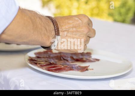 Mano di un uomo che tiene una fetta di prosciutto iberico. Tipico cibo spagnolo Foto Stock