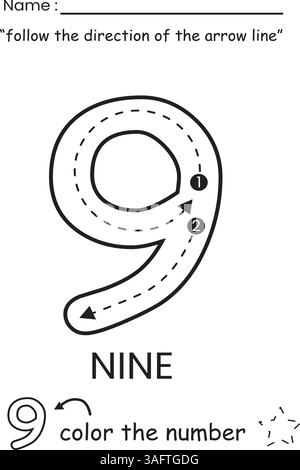 Foglio di lavoro per il tracciamento e il coloramento dei numeri per bambini Illustrazione Vettoriale