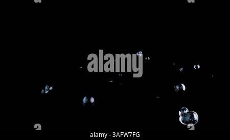 Una scena con rendering 3D di bolle d'acqua e palline liquide che fluttuano e spruzzano caoticamente su uno sfondo nero. L'effetto gurgling imita la respirazione subacquea, creando uno schema dinamico e astratto. Foto Stock