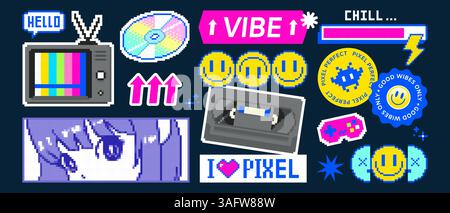 Adesivi pixel Y2K isolati su sfondo nero. Illustrazione vettoriale di emoji sorridenti, tv e cassetta, cd, freccia, icone a cuore, barra di caricamento, emoticon sensazionali per un design retrò dei social media Illustrazione Vettoriale