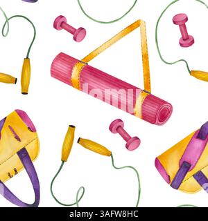 Attrezzature fitness: Corda per saltare, tappetino per yoga, manubri e borsa sportiva con motivo senza cuciture. Illustrazione ad acquerello luminoso isolata su sfondo bianco. Per Foto Stock