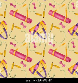 Donne attrezzature sportive motivo senza cuciture. Corda per saltare, tappetino per yoga, manubri rosa e borsa sportiva luminosa. Illustrazione acquerello isolata su giallo Foto Stock