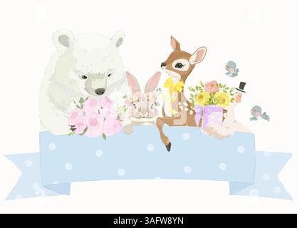 Simpatici animali che tengono fiori seduti vicino a Bow Illustrazione Vettoriale