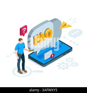uomo isometrico con uno smartphone e una bolla di testo con l'iscrizione faq a colori su sfondo bianco, consultazione online e guida Illustrazione Vettoriale
