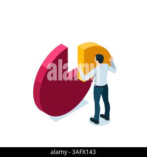 uomo isometrico che tiene un pezzo di grafico a torta a colori su sfondo bianco, lavora con dati statistici o azioni finanziarie Illustrazione Vettoriale