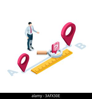 uomo isometrico che misura la distanza tra due icone di posizione a colori su sfondo bianco, misura la distanza o navigazione Illustrazione Vettoriale