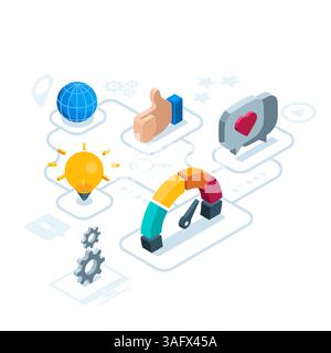 set di icone isometriche per i social network a colori su sfondo bianco, generatore di attività sociali su internet o indicatore di sciacallo Illustrazione Vettoriale