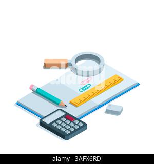 quaderno isometrico con matita e righello a colori su sfondo bianco, cancelleria e materiale scolastico Illustrazione Vettoriale