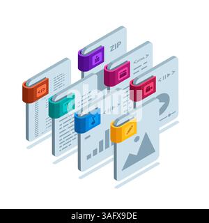 set isometrico di icone di file di diversi formati a colori su sfondo bianco, immagini e video, audio e testo, codice e archivio Illustrazione Vettoriale