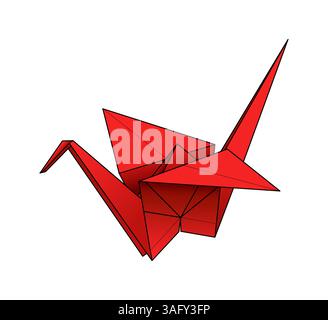Gru di carta origami rossa, chiamata anche tsuru o orizuru. Il design origami giapponese più classico, tradizionalmente fatto di carta pieghevole. Foto Stock
