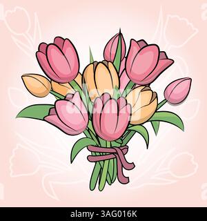 Grazioso bouquet di tulipani dei cartoni animati. Illustrazione del vettore di primavera dei fiori. Illustrazione Vettoriale