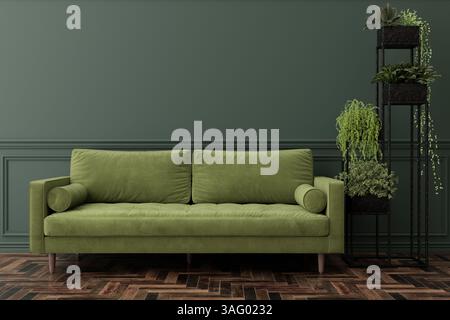 Interni contemporanei con un morbido divano verde che offre comfort e stile. Un alto piedistallo di piante pieno di vegetazione esalta l'atmosfera di Foto Stock