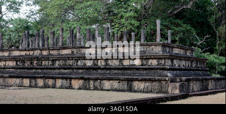 Scultura in pietra in stile bassorilievo nell'antica sala del Consiglio, Polonnaruwa. Sri Lanka. Foto Stock