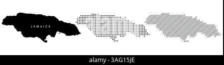 Mappa dettagliata delle silhouette in Giamaica, motivo tratteggiato e motivo con linee parallele inclinate. Mappa stilizzata con texture giamaicana. Illustrazione vettoriale isolata su wh Illustrazione Vettoriale