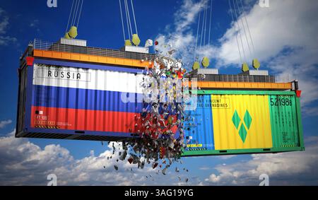 Container cargo con bandiere di Russia, Saint Vincent e Grenadine - illustrazione 3D. Foto Stock