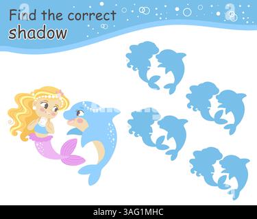 Trova il gioco di sirena ombra corretto per i bambini Illustrazione Vettoriale