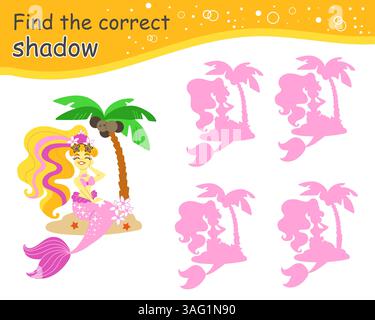 Trova il gioco di corrispondenza delle ombre con sirena per bambini Illustrazione Vettoriale