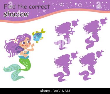 Gioco di abbinamento per i bambini trova la sirena ombra corretta Illustrazione Vettoriale