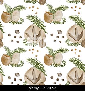 Modello senza cuciture con uova. Fossili e piante. Impronta di dinosauro sulla pietra. Antico involucro di ammoniaca. Piccoli ciottoli. Uovo rotto. Acquerello Foto Stock