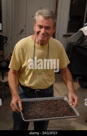 Bill Harms di Sacramento contiene una padella di chicchi di caffè appena tostati. Harms compra chicchi di caffè verde e li tosta direttamente sulla sua griglia all'aperto in una padella di ghisa. Lunedì 29 ottobre 2007. (Immagine di credito: Sacramento Bee/ZUMAPRESS.com) Foto Stock