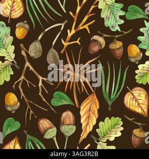 Motivo acquerello senza cuciture. Rami di alberi, frutta a guscio, ghiande, foglie verdi, bacche, piante forestali, tutti gli oggetti sono disegnati a mano con acquerello. Adatto Foto Stock