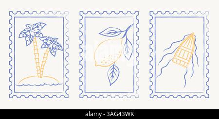 Set di francobolli postali estivi con palme, limone e barca Illustrazione Vettoriale