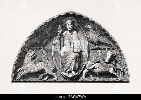 Illustrazione del Cristo Dottore basata sul timpano del portale principale della Cattedrale di Chartres creato nel XII secolo. Foto Stock