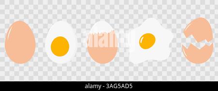 Opzioni di condizione dell'uovo tutto bollito fritto e crepato ricetta di conchiglia o Menu Card Design Set. Schede tematiche per illustrazioni vettoriali isolate, banner promozionale Web, opuscoli, materiale di stampa, prezzo Illustrazione Vettoriale