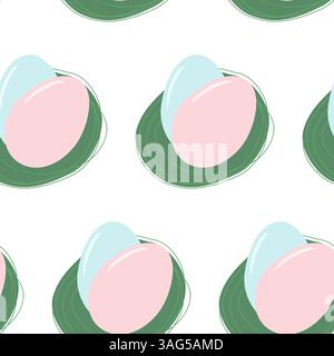 Uova rosa e blu su macchie verdi motivo senza cuciture. Festa di nidificazione o idea di sfondo per le vacanze di Pasqua. Illustrazione vettoriale isolata carte tematiche carta da parati, poster o banner promozionale Web, opuscolo Illustrazione Vettoriale