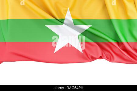 Bandiera del Myanmar isolata su fondo bianco con spazio per le copie sottostante, perfetta per le presentazioni. Rendering 3D. Foto Stock