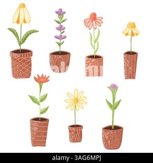 Fiori in vaso colorati illustrati in affascinante stile disegnato a mano su sfondo bianco Illustrazione Vettoriale