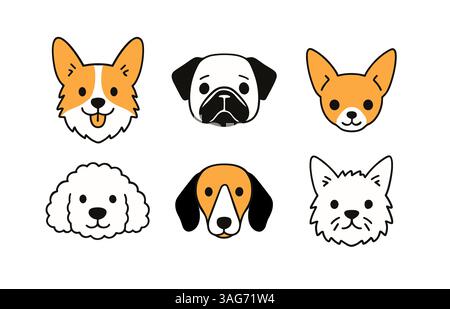 Simpatica icona vettoriale cucciolo con testa di cane. Cane faccia cartone animato doodle PET animale piatto corgi bulldog terrier. Illustrazione Vettoriale