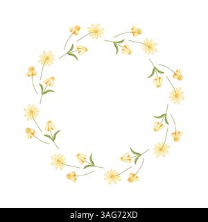 Elegante design circolare con elementi floreali gialli su sfondo bianco Illustrazione Vettoriale