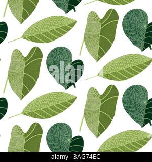 Motivo a foglia tropicale colorata con disegni dettagliati a foglia verde Illustrazione Vettoriale