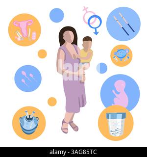 Illustrazione vettoriale isolata della pianificazione della gravidanza. Cerca un donatore di spermatozoi. Congelamento di uova e spermatozoi. Preparazione per l'inseminazione artificiale. Illustrazione Vettoriale