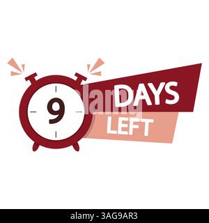 Icona del timer del conto alla rovescia. Grassetto numero nove. Mancano nove giorni. Illustrazione del timer rosso. Illustrazione Vettoriale
