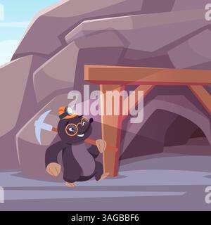 Talpa. felice cacciatore di animali cartoni animati che va alla grotta Illustrazione Vettoriale